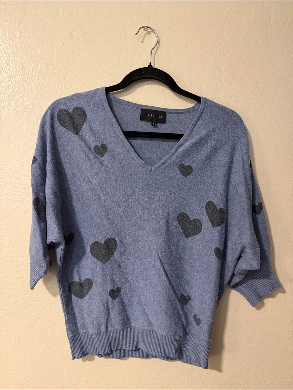 Premise Lavender-Blue V-Neck Sweater with Black Heart Print